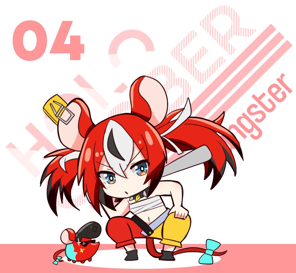 1girl, alin_laphel, animal_ears, baseball_bat, black_hair, blue_eyes, chest_sarashi, hakos_baelz