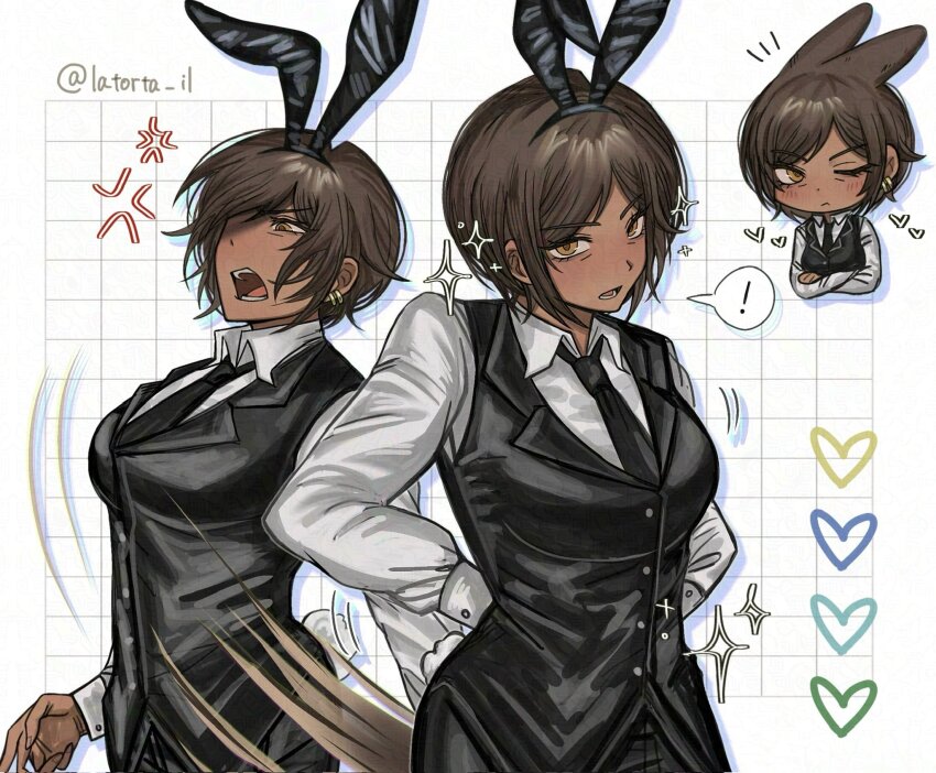 !, 1girl, anger_vein, angry, animal_ear_hairband, animal_ears, arms_behind_back, black_necktie, black_pants, black_vest, breasts, brown_eyes, brown_hair, butler, chibi, chibi_inset, collared_shirt, commentary, crossdressing, crossdressing_(ftm), crossed_arms, dark-skinned_female, dark_skin, earrings, fake_animal_ears, fake_tail, female_butler, grid_background, hairband, heart, highres, jewelry, kemonomimi_mode, latorta_il, limbus_company, long_sleeves, looking_at_viewer, medium_breasts, motion_lines, multiple_earrings, multiple_views, necktie, one_eye_closed, open_mouth, outis_(project_moon), pants, parted_bangs, partially_shaded_face, project_moon, rabbit_ear_hairband, rabbit_ears, rabbit_tail, shirt, short_hair, signature, sparkle, spoken_exclamation_mark, untranslatable_commentary, tail, upper_body, v-shaped_eyebrows, vest, white_background, white_shirt