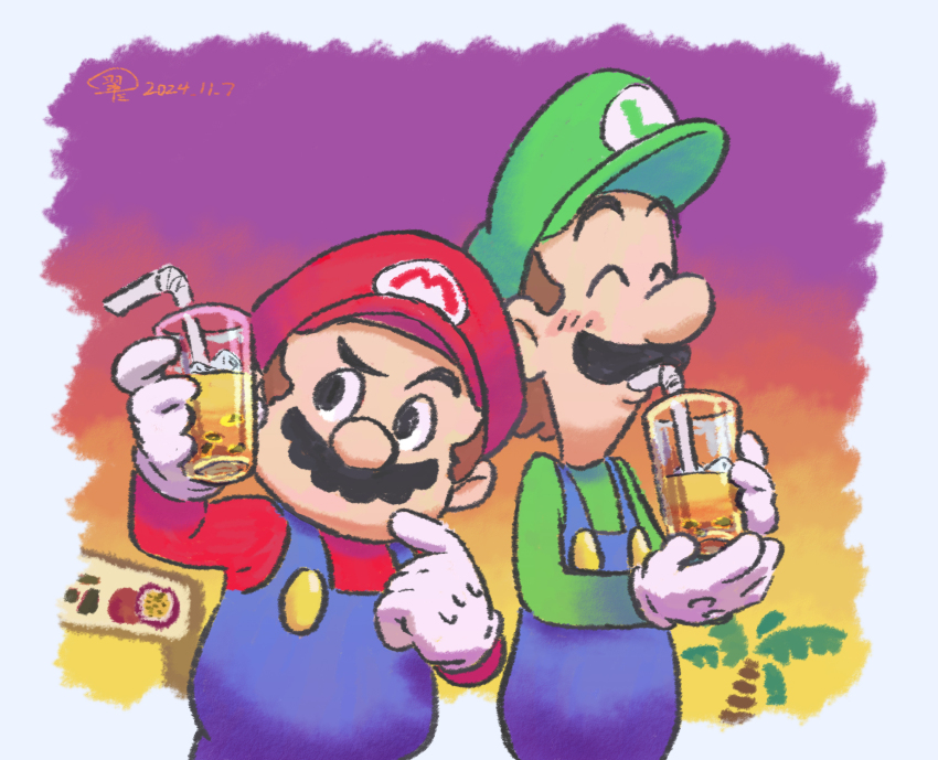 2boys, blue_overalls, brothers, brown_hair, closed_eyes, dated, drinking, drinking_straw, facial_hair, gloves, green_hat, hat, highres, luigi, male_focus, mario, mario_&amp;_luigi_rpg, mario_(series), multiple_boys, mustache, nintendo, overalls, palm_tree, red_hat, siblings, sunset, tree, vina_(silance), white_gloves