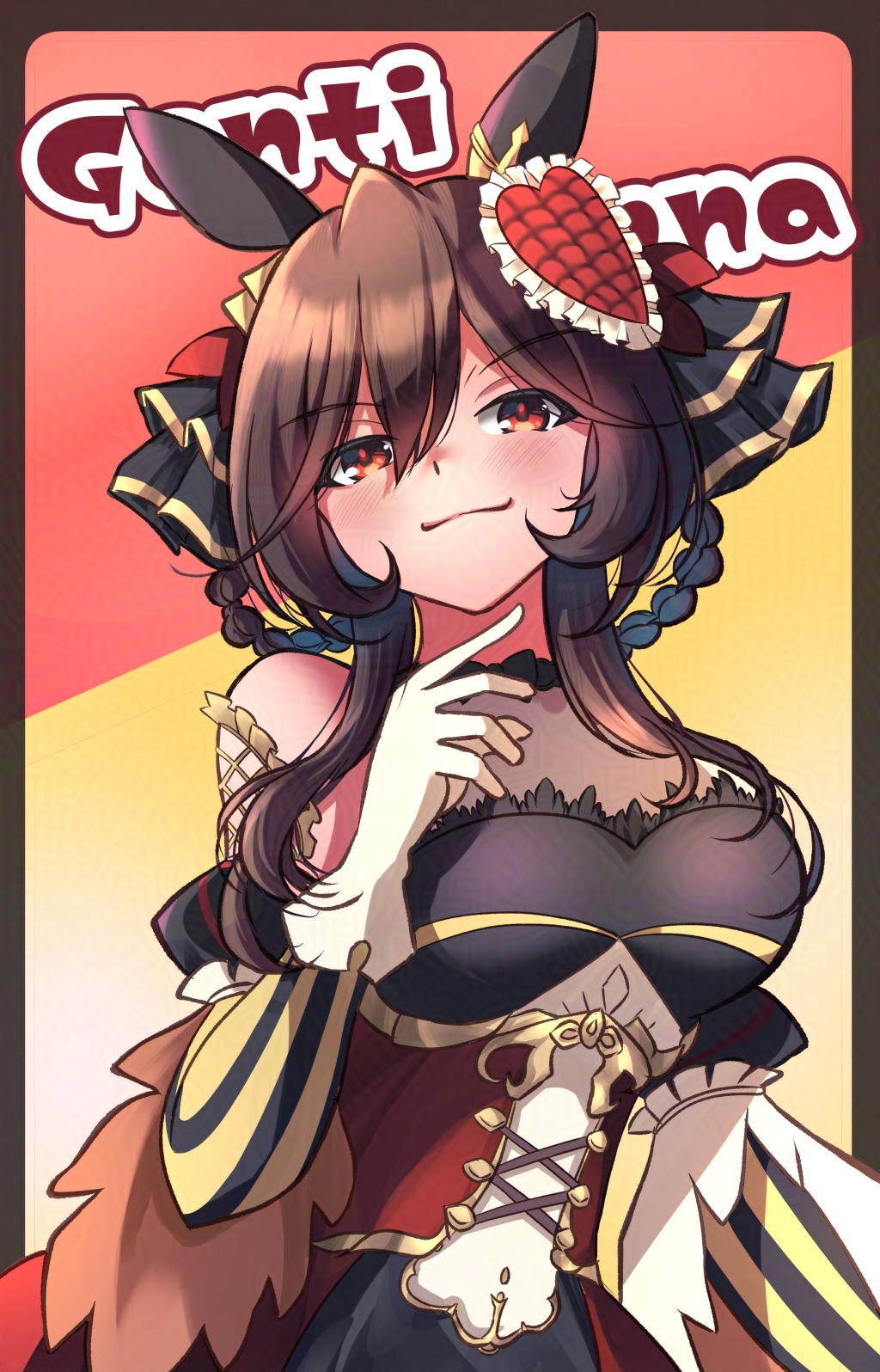 1girl, animal_ears, bare_shoulders, blush, braid, braided_hair_rings, breasts, brown_hair