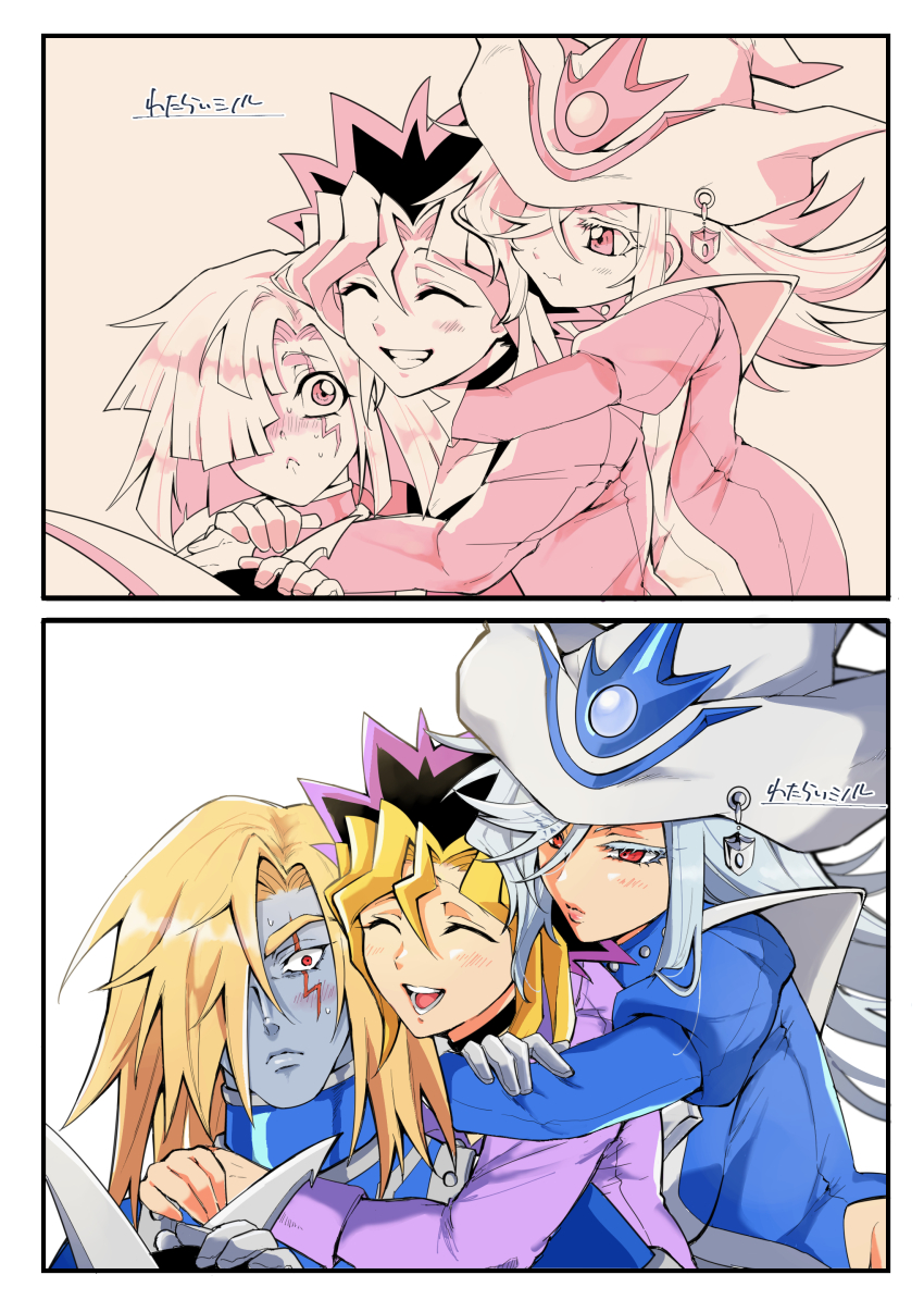 1girl, 2boys, absurdres, age_progression, blush, dress, duel_monster, gloves