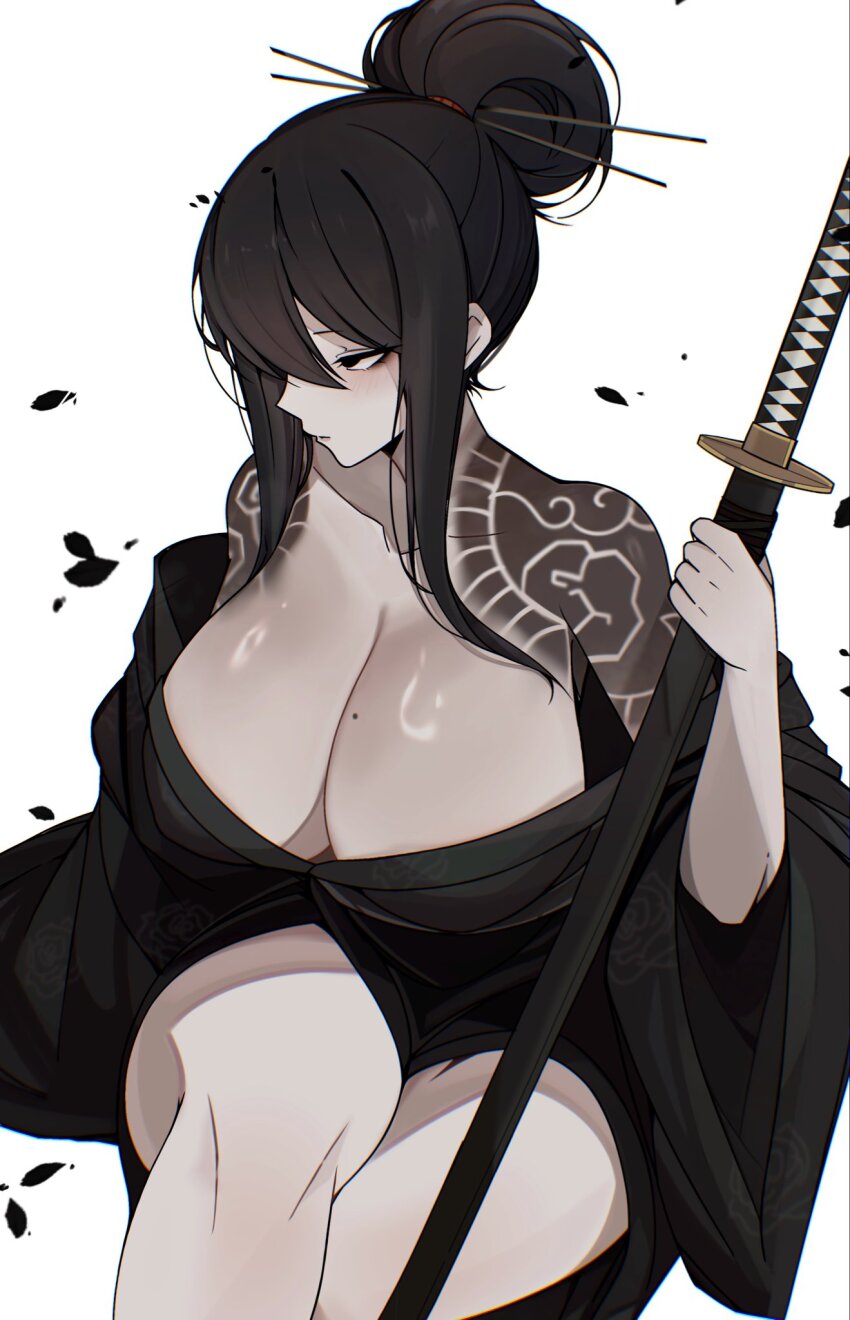 1girl, black_eyes, black_hair, black_kimono, breasts, cleavage, closed_mouth, commentary, english_commentary, folded_hair, hair_ornament, hair_stick, highres, holding, holding_sword, holding_weapon, huge_breasts, japanese_clothes, kimono, library_of_ruina, m_ayonessa, mole, mole_on_breast, off_shoulder, project_moon, sayo_(project_moon), sheath, sheathed, shoulder_tattoo, sidelocks, simple_background, sitting, sword, tattoo, weapon, white_background