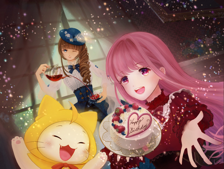 2girls, ^_^, ahoge, animal, azusachai, bib_collar, birthday_cake, black_corset, blue_bow, blue_corset, blue_eyes, blue_flower, blue_hat, blue_sleeves, bow, bowtie, bright_pupils, brooch, brown_hair, cake, cat, center_frills, cloak, closed_eyes, closed_mouth, clothed_animal, collar, commentary_request, corset, cowboy_shot, cup, curtains, day, decantering, dot_nose, dress, dress_under_skirt, drill_hair, ear_covers, eyelashes, fang, flower, food, foreshortening, frilled_collar, frilled_corset, frilled_dress, frilled_skirt, frilled_sleeves, frills, green_sky, hair_intakes, hair_over_shoulder, happy, happy_birthday, hat, hat_feather, hat_flower, highres, holding, holding_plate, holding_saucer, holding_teapot, hood, hood_up, hooded_cloak, indoors, jewelry, lace, lace-trimmed_dress, lace_trim, light_blush, light_particles, living_room, lolory_(shining_nikki), long_hair, long_skirt, long_sleeves, momo_(nikki), multiple_girls, nikki_(formal)_(shining_nikki), nikki_(nikki), nikki_(series), official_alternate_costume, one_eye_closed, open_mouth, outstretched_hand, painting_(object), pawpads, picture_frame, pink_eyes, pink_flower, pink_hair, pink_rose, plant, plate, potted_plant, pouring, puffy_long_sleeves, puffy_sleeves, purple_flower, purple_rose, red_bow, red_bowtie, red_dress, rose, saucer, shining_nikki, showgirl_skirt, side_ponytail, skirt, sky, sleeve_bow, smile, tareme, tea, teacup, teapot, teeth, top_hat, traditional_bowtie, turtleneck, turtleneck_dress, upper_body, upper_teeth_only, very_long_hair, whiskers, white_cat, white_collar, white_dress, white_flower, white_pupils, wide_sleeves, window, yellow_cloak