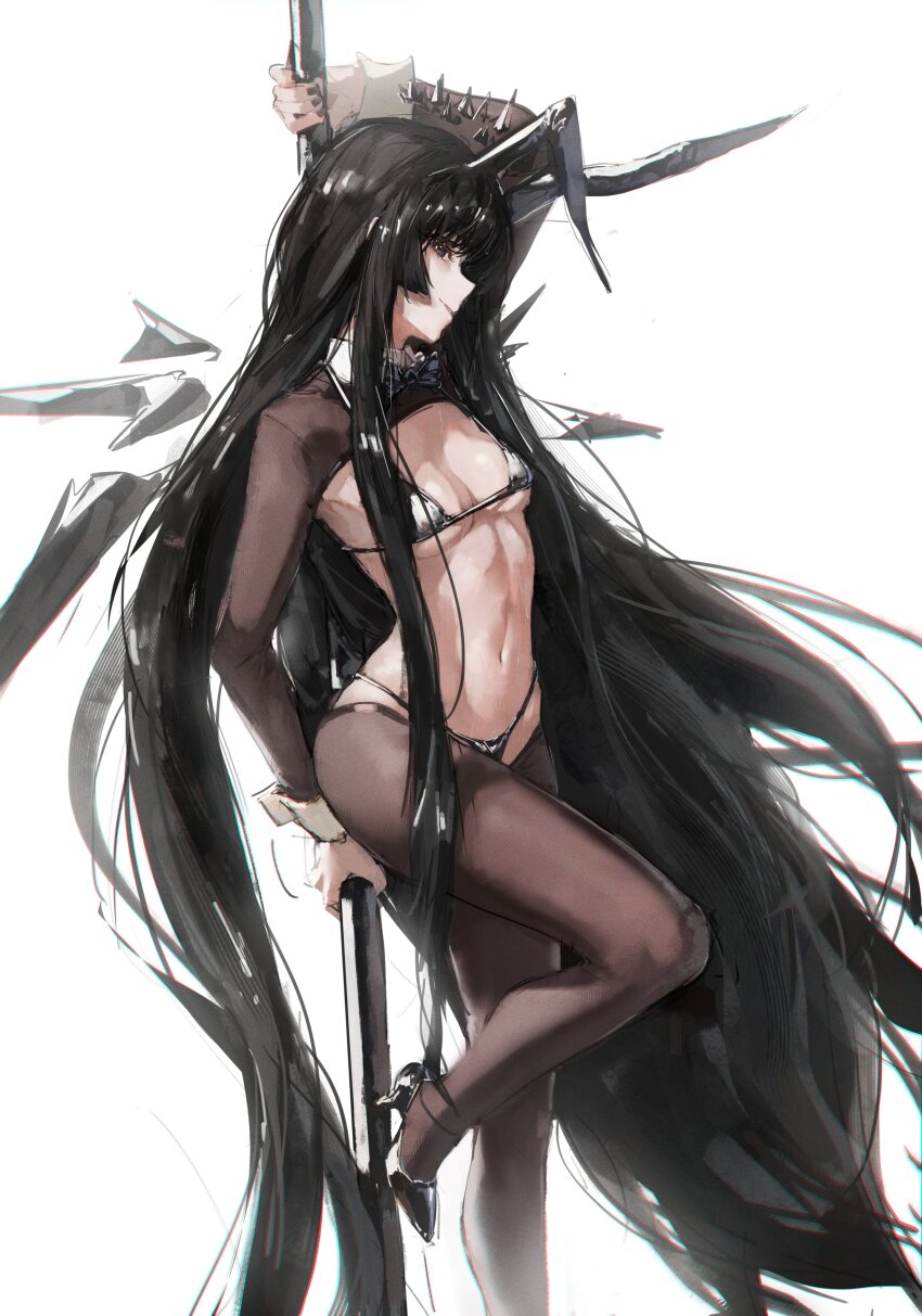 absurdres, alternate_costume, animal_ears, arknights, arm_up, bikini, black_bikini, black_eyes, black_hair, black_nails, black_shoes, black_wings, breasts, brown_pantyhose, brown_shrug, collar, commentary, detached_wings, energy_wings, fake_animal_ears, foot_out_of_frame, gandy_(gan3e46), hair_over_shoulder, high_heels, highres, holding, holding_pole, large_breasts, long_hair, long_sleeves, looking_at_viewer, making-of_available, micro_bikini, nail_polish, navel, pantyhose, parted_lips, pole, pole_dancing, rabbit_ears, reverse_bunnysuit, reverse_outfit, shoes, shrug_(clothing), simple_background, solo, stomach, swimsuit, very_long_hair, virtuosa_(arknights), white_background, white_collar, wings