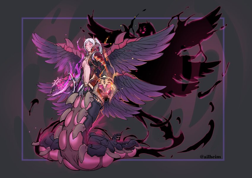 1girl, absurdres, ailheim, alternate_costume, armor, aura, black_feathers, black_robe