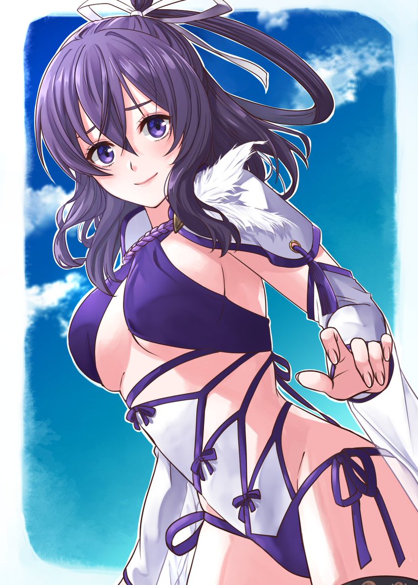 1girl, ao_no_kiseki, blue_sky, border, breasts, closed_mouth, commentary_request, commission