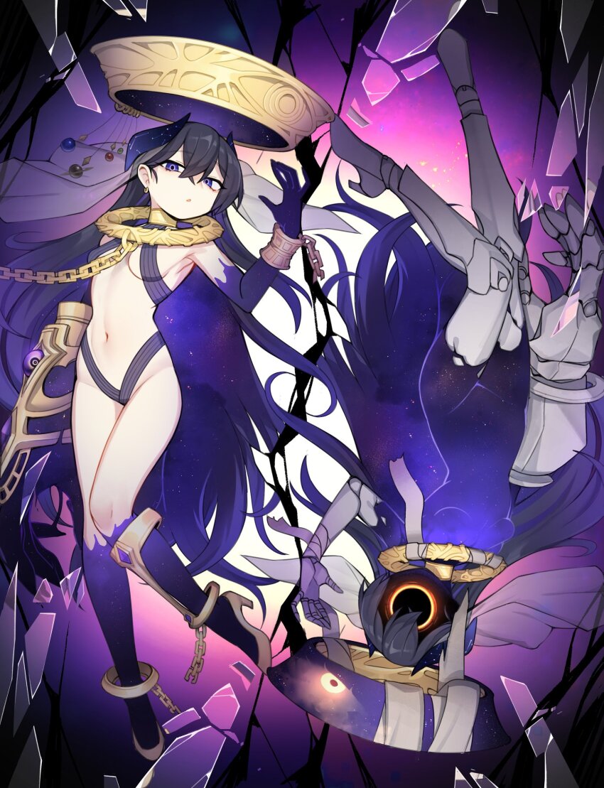 1girl, arm_up, armored_boots, asymmetrical_arms, bandaged_wrist, bandages, black_hole, black_hole_head, boots, bracelet, breasts, broken_glass, chain, clone, clothing_request, collar, commission, constellation_print, crack, crossed_bangs, double-parted_bangs, earrings, eye_piercing, gauntlets, glass, gold, gold_chain, gold_choker, gold_earrings, gold_gauntlet, gold_halo, gold_shoes, gradient_background, groin, half-closed_eyes, high_heel_boots, high_heels, highres, horns, jewelry, khaos_(ketron), large_arm, long_bangs, long_hair, looking_at_viewer, looking_to_the_side, navel, nyong_nyong, original, outline, pale_skin, parted_lips, petite, planet, prosthesis, prosthetic_arm, prosthetic_hand, prosthetic_leg, purple_background, purple_hair, purple_horns, purple_outline, purple_theme, radial_gradient_background, raised_eyebrows, second-party_source, see-through_clothes, see-through_veil, shoes, small_breasts, solar_system, solo, starry_hair, starry_skin, translated, veil, very_long_hair