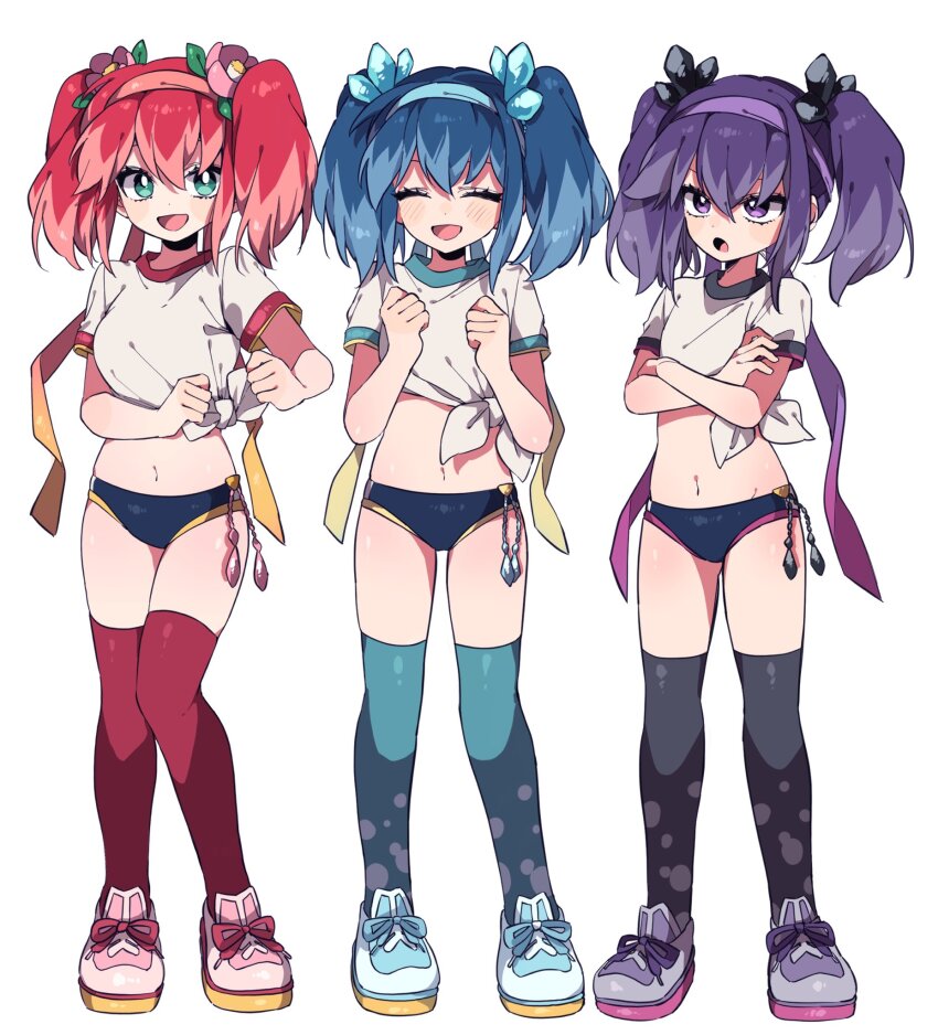 3girls, blue_hair, buruma, camellia, closed_mouth, flower, fubukihime, fubukihime_(sports_day), hair_flower, hair_ornament, hair_ribbon, headband, highres, hyakkihime, kiyokiyo_0620, multicolored_hair, multiple_girls, navel, open_mouth, pink_flower, purple_eyes, purple_hair, red_hair, ribbon, shirt, shoes, short_twintails, simple_background, sneakers, thighhighs, tied_shirt, tsubakihime_(youkai_watch), twintails, two-tone_hair, undoukai_fubukihime, youkai_(youkai_watch), youkai_watch, youkai_watch:_punipuni