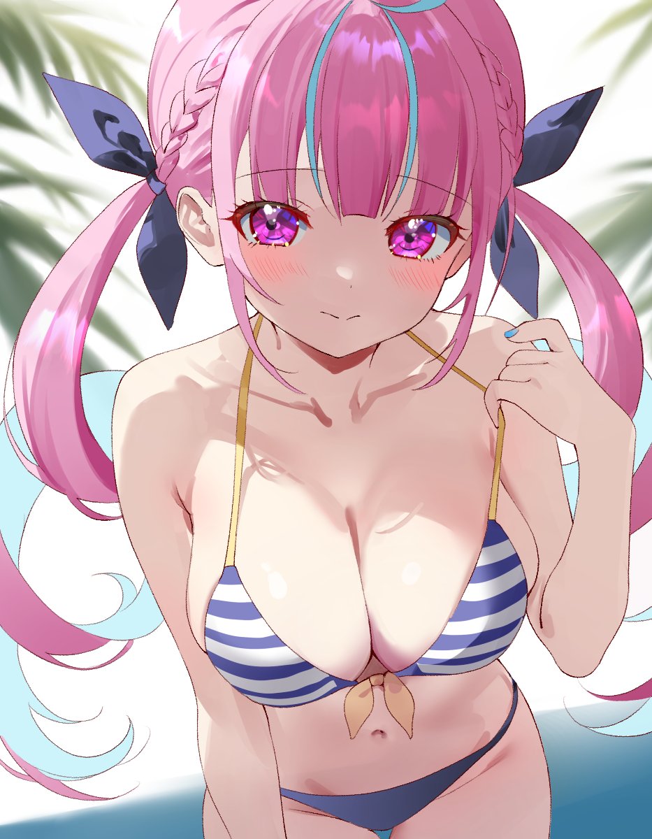 1girl, aqua_hair, bare_shoulders, bikini, blue_bikini, blue_ribbon, blush, braid