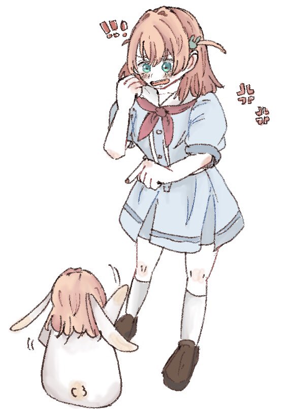 !, !!, 1girl, anger_vein, animalization, aqua_eyes, blue_dress, brown_shoes