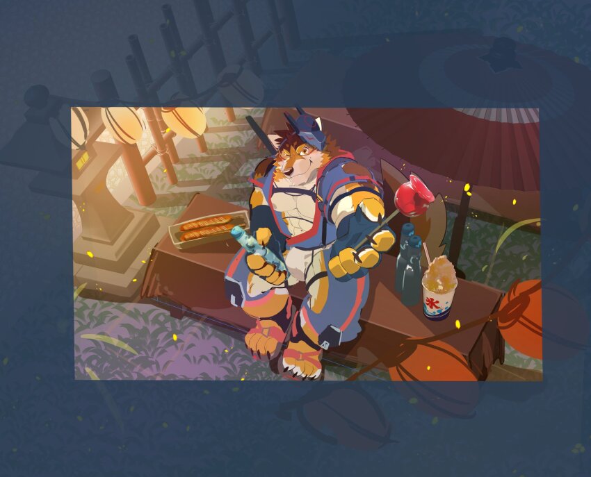 1boy, abs, animal_ears, barrel_(live_a_hero), biceps, blush, bottle, brown_fur, candy_apple, claws, closed_mouth, dog_boy, dog_ears, dog_tail, food, fundoshi, furry, furry_male, highres, holding, holding_bottle, holding_food, japanese_clothes, live_a_hero, looking_at_viewer, looking_up, male_focus, muscular, muscular_male, nana_(n_na7), nipples, oil-paper_umbrella, one_eye_closed, pectorals, ramune, shaved_ice, sitting, smile, tail, umbrella, unfinished