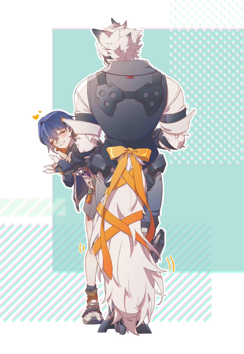 1boy, 1girl, accessories, animal_ears, belle_(zenless_zone_zero), bicep_strap, black_gloves, black_shirt, blue_hair, blush, body_fur, closed_eyes, collared_vest, colored_tips, earrings, fingerless_gloves, from_behind, furry, furry_male, furry_with_non-furry, gloves, gold_ring, green_background, grey_vest, hair_between_eyes, hair_ornament, hand_on_another's_arm, heart, highres, hydrangea_salty, interspecies, jewelry, letter_hair_ornament, looking_at_another, mosaic_background, multicolored_hair, multiple_rings, muzzle_(mask), orange_ribbon, orange_socks, prosthesis, prosthetic_leg, ribbon, ring, shirt, sleeveless, sleeveless_jacket, sleeves_rolled_up, smile, socks, standing, tail, tail_belt, tail_ornament, tail_ribbon, teeth, unzipped, vest, von_lycaon, white_background, white_fur, white_hair, wolf_boy, wolf_ears, wolf_tail, zenless_zone_zero