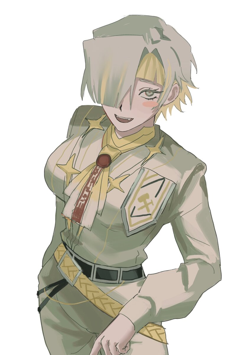 ascot, belt, black_belt, blonde_hair, fangs, fushimi_arata, grey_eyes, highres