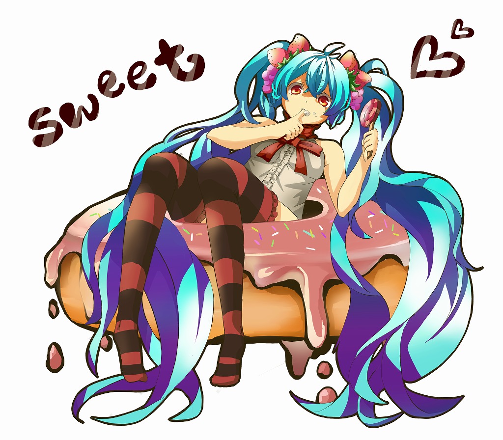 1girl, aqua_hair, candy, donut, female_focus, finger_in_own_mouth, finger_sucking, food, fruit, grapes, hatsune_miku, lollipop, long_hair, mamemiyabi, orange_eyes, sitting, solo, strawberry, striped_clothes, striped_thighhighs, swirl_lollipop, thighhighs, twintails, very_long_hair, vocaloid