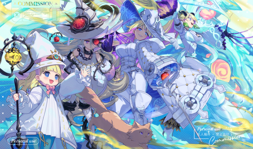 4girls, blonde_hair, blue_eyes, blush, breasts, cat, closed_mouth, diabellze_the_original_sinkeeper