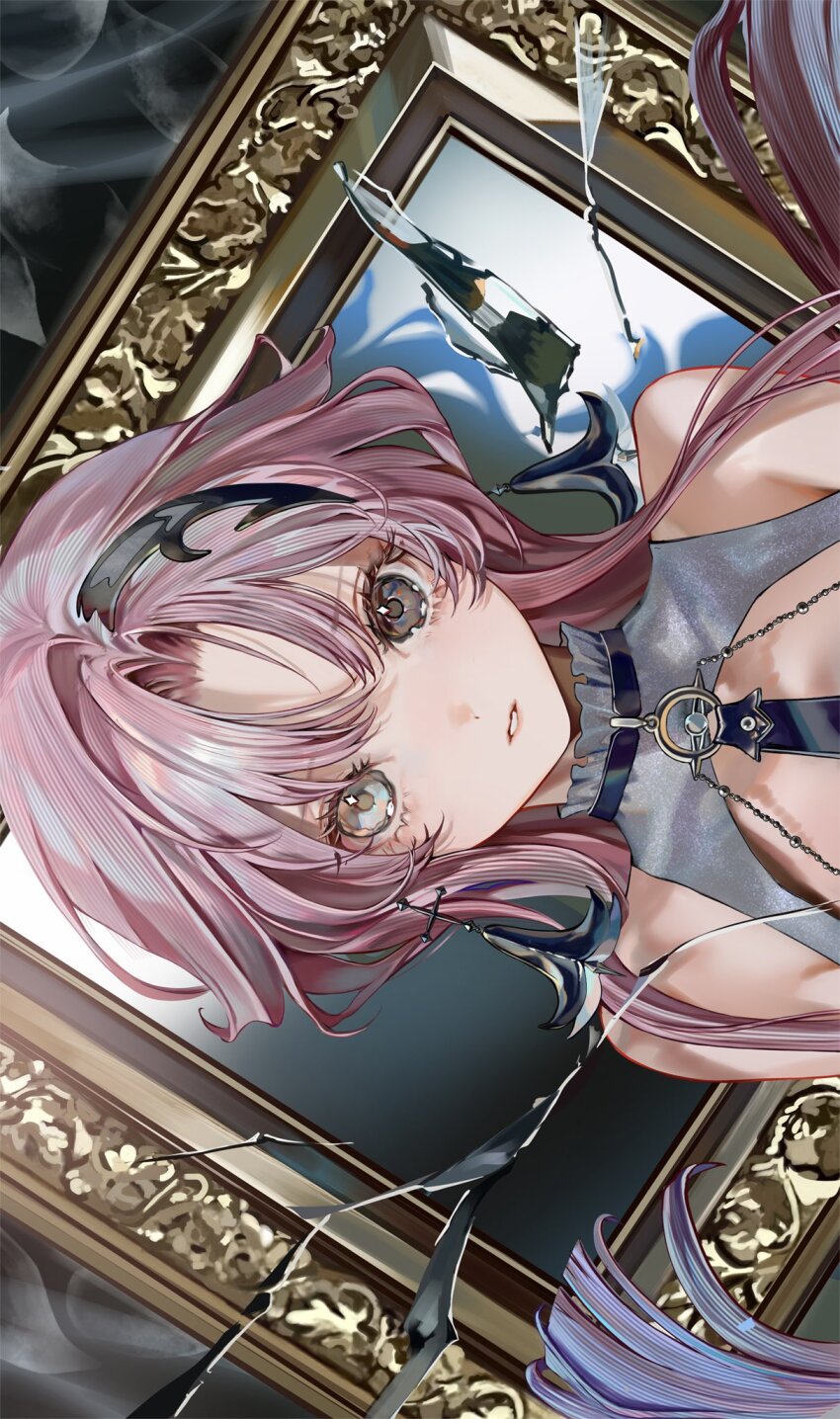 1girl, bare_shoulders, bema_(sinsekai), brown_eyes, close-up, commentary, earrings, grey_eyes