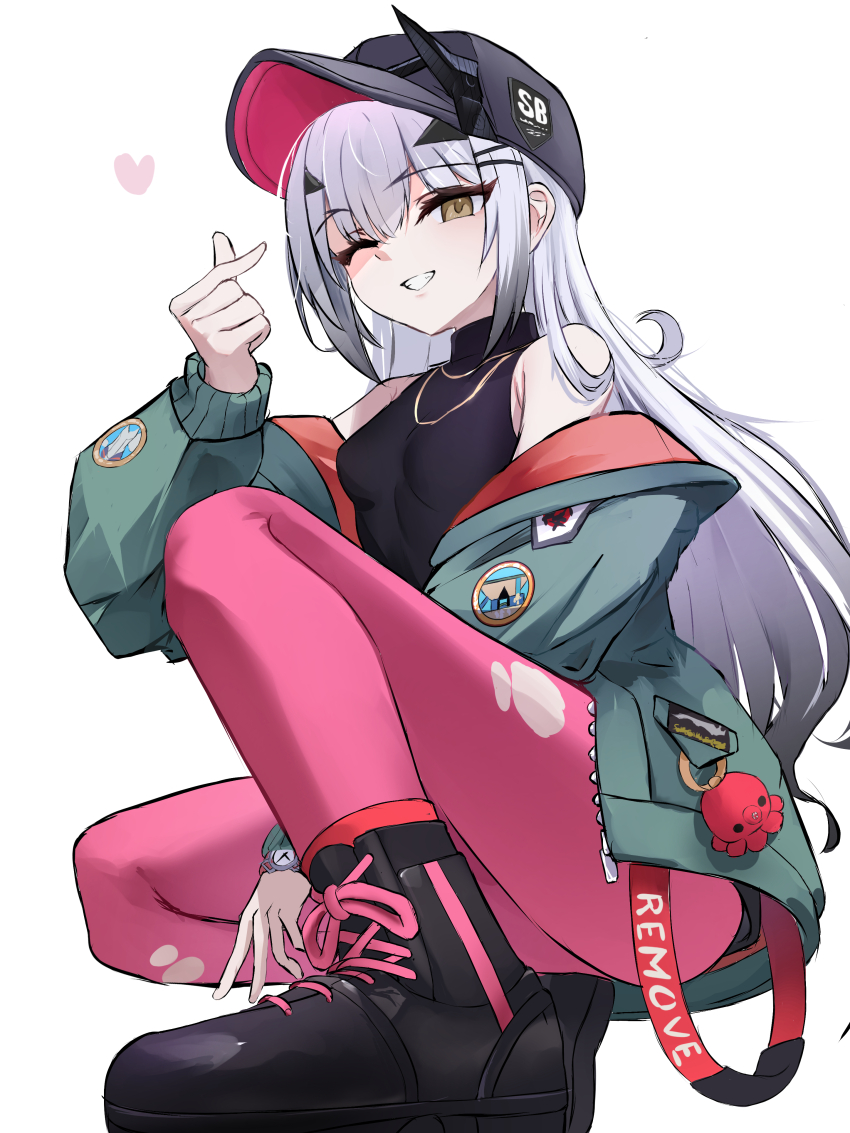 1girl, absurdres, baseball_cap, breasts, brown_eyes, fate/grand_order, fate_(series), finger_heart