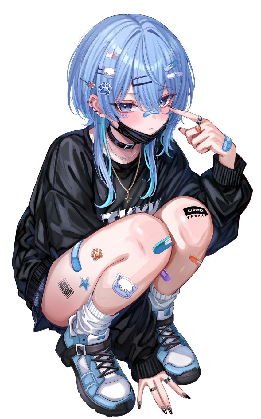 1girl, absurdres, bandaid, bandaid_on_finger, bandaid_on_hand, bandaid_on_thigh, barcode, barcode_tattoo