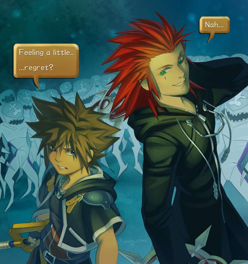 2boys, absurdres, axel_(kingdom_hearts), belt, black_belt, black_coat_(kingdom_hearts), black_jacket, black_shirt, blue_eyes, brown_hair, chakram, commentary, cropped_jacket, dual_wielding, dusk_(kingdom_hearts), english_commentary, english_text, facial_mark, fingerless_gloves, gloves, green_eyes, grin, highres, holding, holding_weapon, jacket, jewelry, keyblade, kingdom_hearts, kingdom_hearts_ii, kingdom_key, male_focus, multiple_boys, necklace, nobody_(kingdom_hearts), red_hair, scene_reference, shirt, short_hair, short_sleeves, smile, sora_(kingdom_hearts), speech_bubble, spiked_hair, twitter_username, weapon, xvoidcore