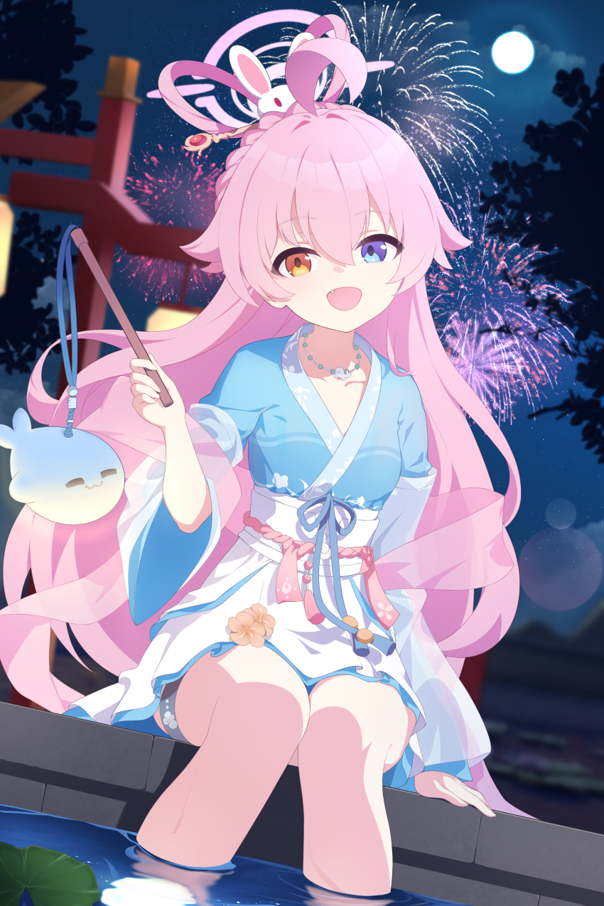 1girl, absurdres, ahoge, alternate_costume, blue_archive, blue_dress, chinese_clothes, dress, fang, fireworks, full_moon, hair_rings, halo, hanfu, heterochromia, highres, holding, holding_lantern, hoshino_(blue_archive), hoshino_(mid-autumn_festival)_(blue_archive), huge_ahoge, jewelry, kuroida, lantern, long_hair, looking_at_viewer, mid-autumn_festival, moon, necklace, night, pink_hair, pink_halo, sitting, sky, smile, soaking_feet, thigh_strap