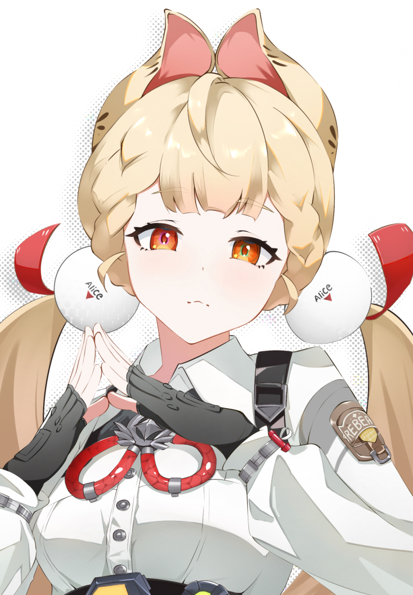 1girl, alice_thymefield, animal_ears, art_eichi, black_gloves, blonde_hair, collared_shirt, fingerless_gloves