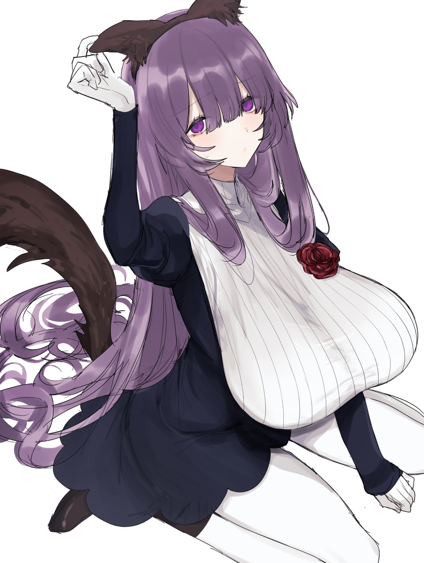 1girl, absurdres, animal_ear_hairband, animal_ears, arm_up, black_dress, breasts, closed_mouth