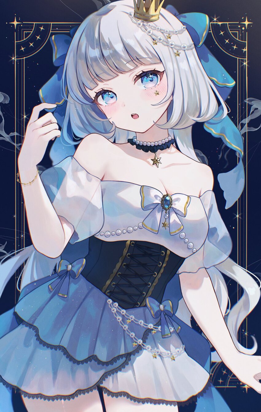 1girl, bare_shoulders, black_corset, blue_background, blue_bow, blue_eyes, blunt_bangs, blush