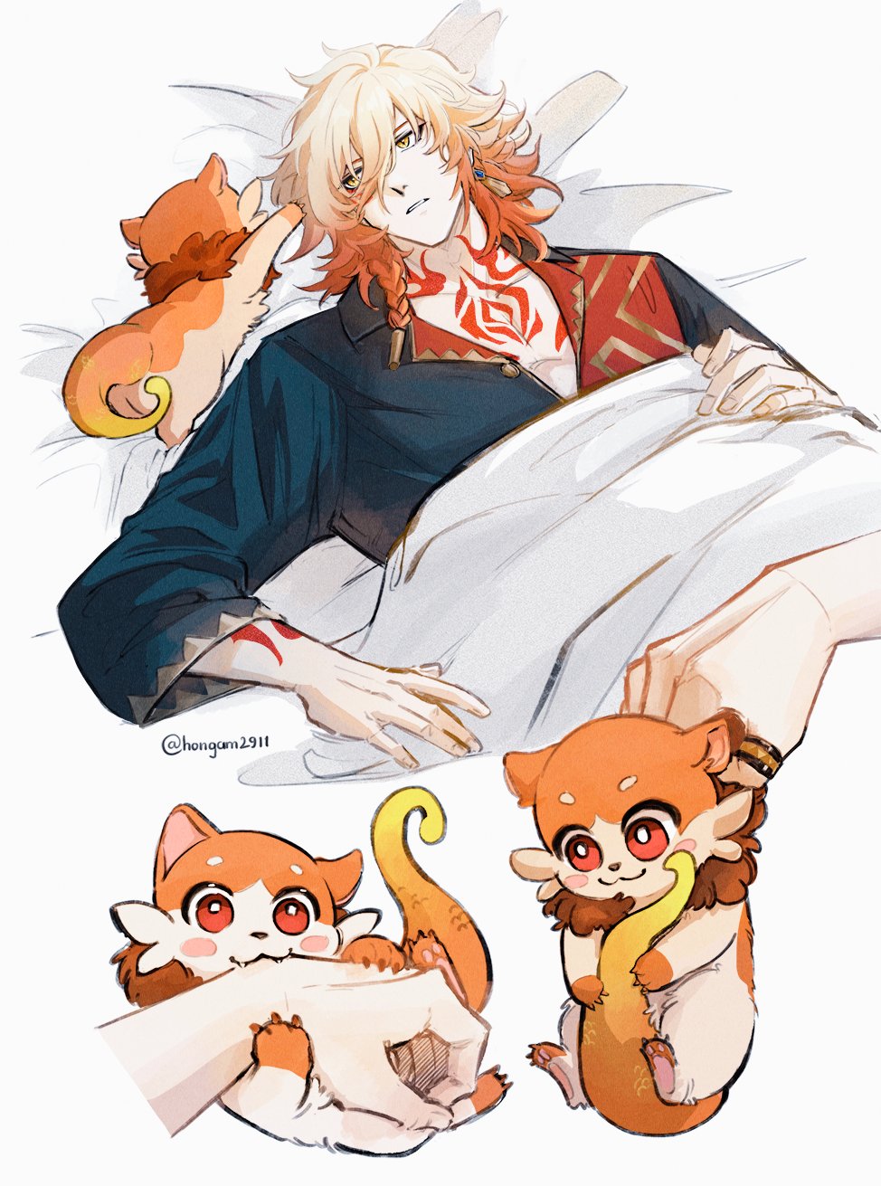 1boy, arm_tattoo, black_shirt, blonde_hair, braid, chest_tattoo, chimera_(honkai:_star_rail), collared_shirt