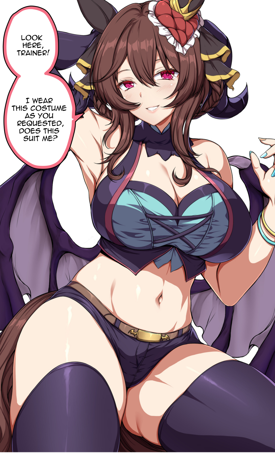 1girl, animal_ears, arm_behind_head, armpits, bare_shoulders, bikini, black_bikini, black_ribbon, black_thighhighs, blue_nails, braid, braided_hair_rings, breasts, cleavage, clip_studio_paint_(medium), cosplay, detached_sleeves, ear_covers, gentildonna_(umamusume), grin, hair_between_eyes, hair_ribbon, hair_rings, highres, horse_ears, horse_girl, horse_tail, large_breasts, long_hair, looking_at_viewer, mejiro_palmer_(devil_in_the_moonlight)_(umamusume), mejiro_palmer_(umamusume), mejiro_palmer_(umamusume)_(cosplay), navel, purple_eyes, ribbon, sheita, single_sleeve, smile, solo, stomach, swimsuit, tail, thick_thighs, thighhighs, thighs, umamusume