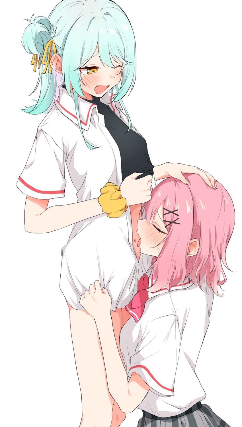 2girls, amaori_renako, aqua_hair, ashigaya_high_school_uniform, blush, bottomless, bow, bowtie