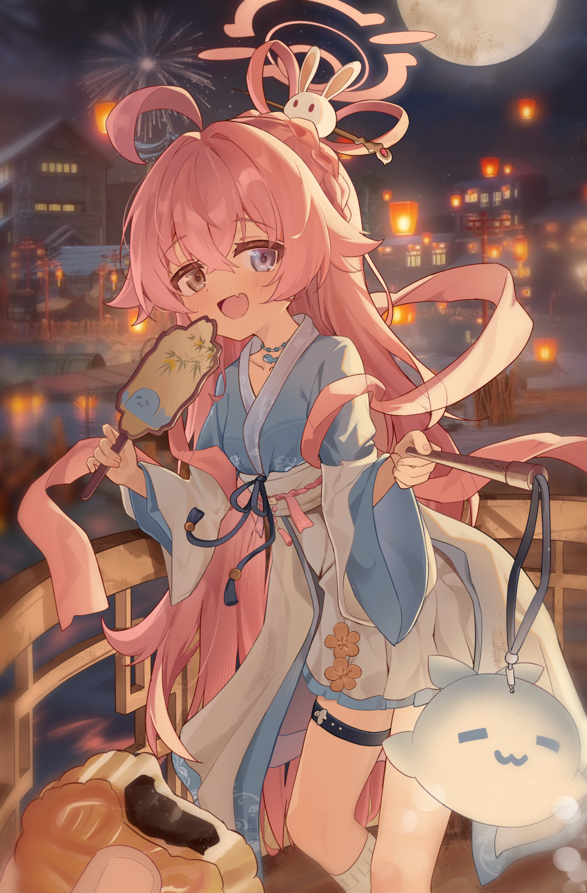 1girl, absurdres, aerial_fireworks, ahoge, blue_archive, blue_eyes, blue_kimono, breasts