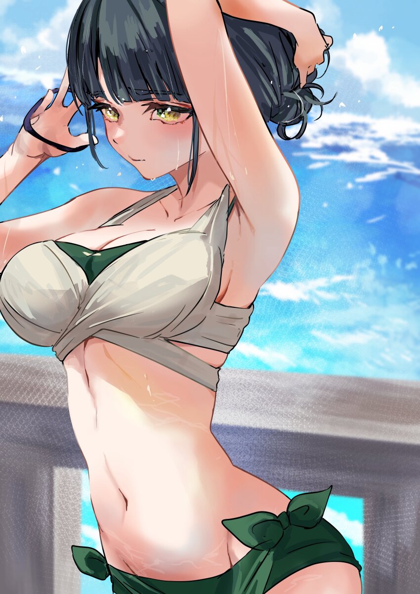1girl, absurdres, arms_up, bare_shoulders, bikini, black_hair, blue_sky, blush, breasts, cleavage, closed_mouth, cloud, collarbone, commentary, day, green_bikini, green_eyes, hair_bun, hashtag-only_commentary, highres, jin_(oihlf), large_breasts, layered_bikini, linea_alba, link!_like!_love_live!, love_live!, momose_ginko, momose_ginko_(c106_swimsuit), navel, official_alternate_costume, railing, short_hair, sidelocks, single_hair_bun, sky, solo, stomach, swimsuit, virtual_youtuber, white_bikini