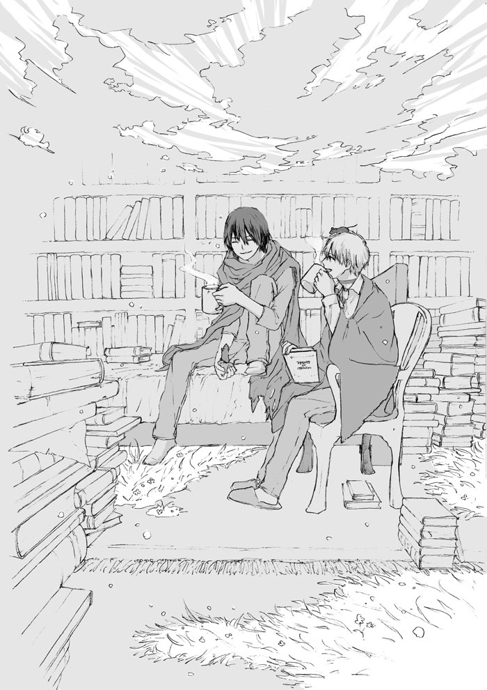 2boys, book, bookshelf, chair, closed_eyes, cup, drinking, greyscale, male_focus, monochrome, mouse_(animal), mug, multiple_boys, nezumi_(no.6), no.6, room, shion_(no.6), short_hair, sitting, smile, vio82