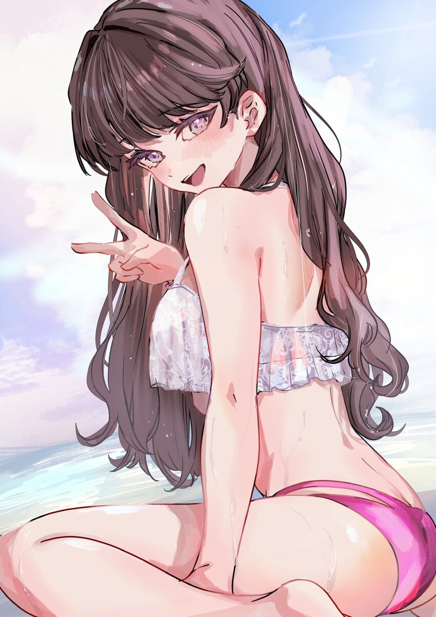 1girl, :d, bikini, breasts, brown_hair, commentary, frilled_bikini, frills