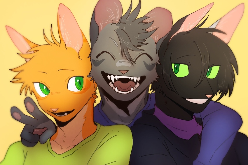 3boys, ^_^, animal_ears, animal_hands, arm_around_shoulder, black_fur, cat_boy, cat_ears