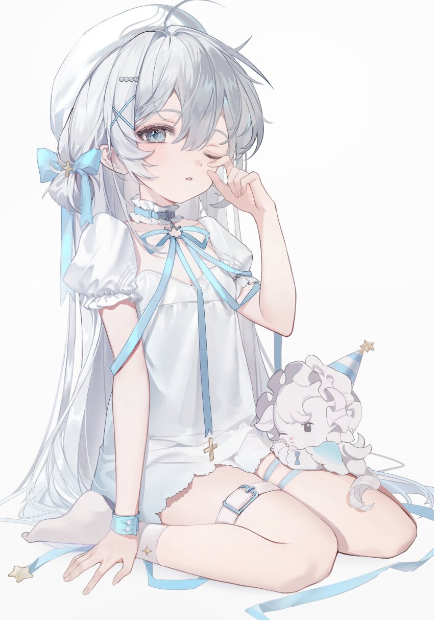 1girl, absurdres, ahoge, ankle_socks, arm_support, belt, belt_collar, beret