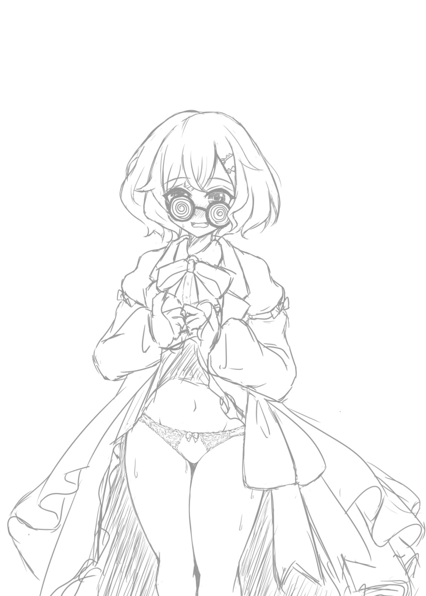 1girl, assault_lily, blush, bow, bow_panties, bowtie, clothes_lift, coke-bottle_glasses, collared_shirt, commentary_request, cowboy_shot, glasses, greyscale, hair_ornament, hairclip, hands_up, highres, kuwata_io, lab_coat, lifting_own_clothes, long_sleeves, looking_at_viewer, looking_over_eyewear, monochrome, nose_blush, panties, parted_lips, shirt, short_hair, simple_background, sketch, skirt, skirt_lift, solo, standing, sweat, underwear, white_background, yajiuma_no_jesse
