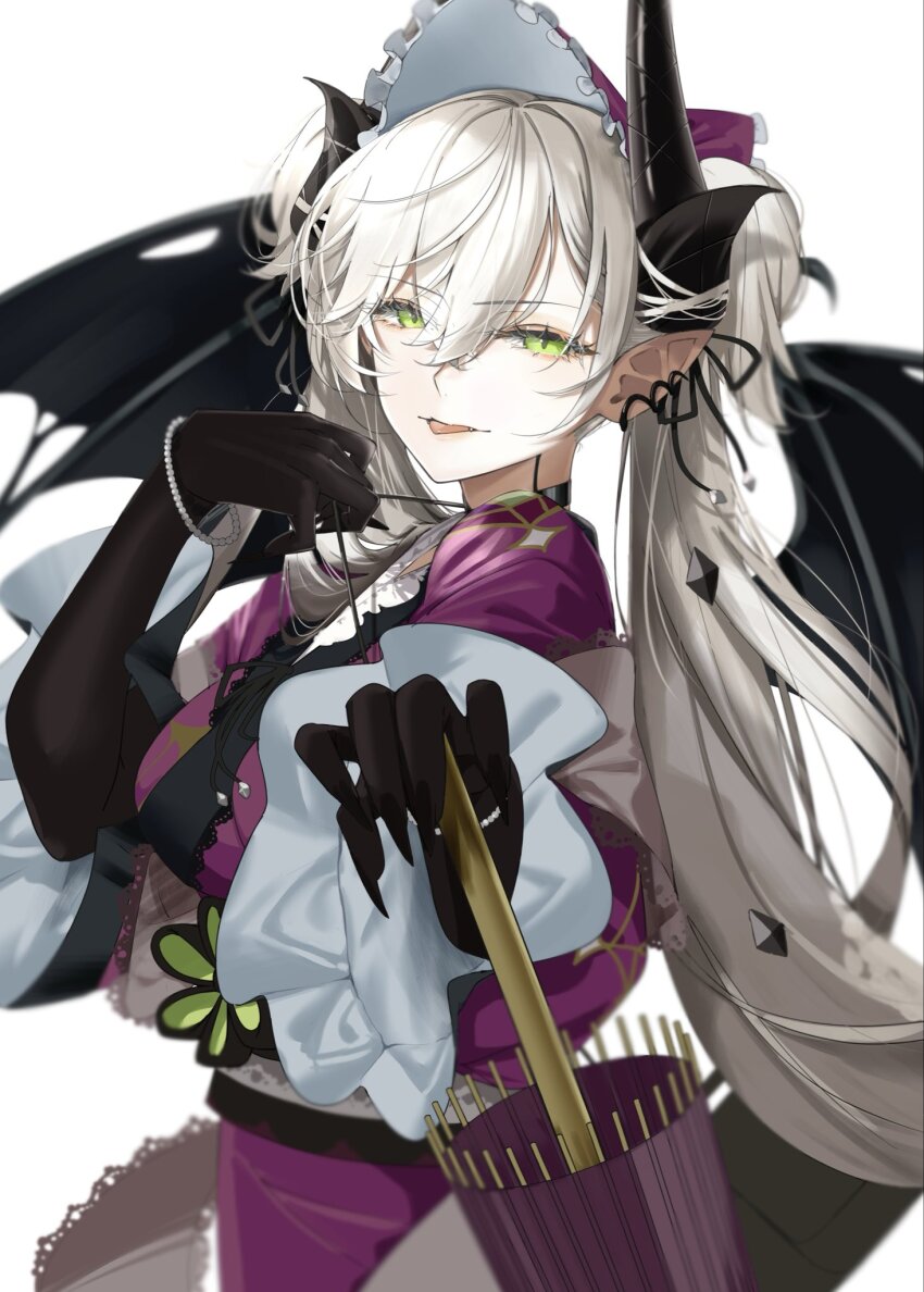 1girl, black_hands, breasts, colored_extremities, commentary_request, crossed_bangs, demon_girl, demon_horns, demon_wings, ear_piercing, fate/grand_order, fate_(series), frilled_hairband, frills, green_eyes, grey_hair, hair_between_eyes, hairband, highres, horns, japanese_clothes, kimono, large_breasts, lilith_(fate), lilith_(kyomaf_2025)_(fate), long_hair, looking_at_viewer, obi, oil-paper_umbrella, outstretched_arm, piercing, pointy_ears, purple_kimono, ri_o_ne_su, sash, smile, solo, tongue, tongue_out, twintails, umbrella, very_long_hair, wings