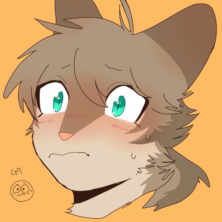 animal, animal_focus, animal_with_hair, aqua_eyes, blush, cat, commentary_request, cropped_head, flustered, highres, neko_gokoro, no_humans, orange_background, ponytail, sandstorm_(warrior_cats), simple_background, solo, the_prophecies_begin, warrior_cats