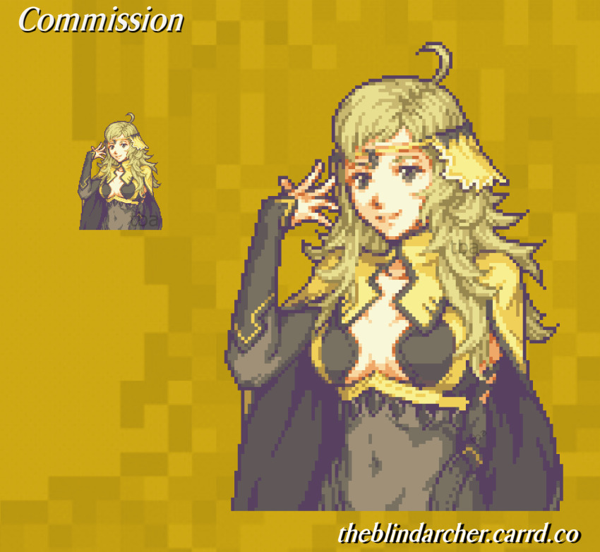 1girl, ahoge, blonde_hair, bodystocking, breasts, bridal_gauntlets, circlet, commission, covered_navel, fire_emblem, fire_emblem_fates, gold_cape, grey_eyes, highres, long_hair, looking_at_viewer, medium_breasts, nintendo, ophelia_(fire_emblem), pixel_art, solo, theblindarcher