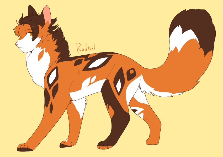 animal, animal_focus, calico_(pattern), calico_cat, cat, character_name, commentary_request, fluffy, from_side, full_body, highres, neko_gokoro, no_humans, orange_eyes, redtail_(warrior_cats), simple_background, solo, the_prophecies_begin, warrior_cats, yellow_background