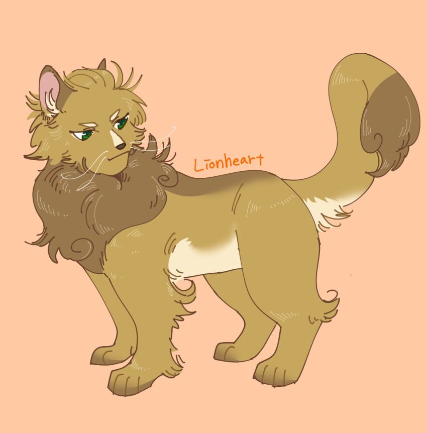 animal, animal_focus, cat, character_name, commentary_request, fluffy, full_body, green_eyes, lionheart_(warrior_cats), neko_gokoro, no_humans, orange_background, simple_background, solo, the_prophecies_begin, warrior_cats, whiskers, yellow_cat