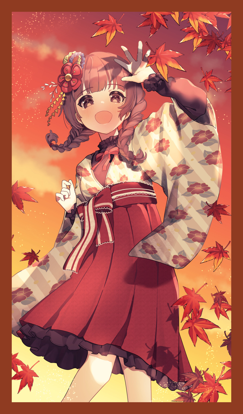 1girl, absurdres, arm_up, autumn, autumn_leaves, black_shirt, blunt_bangs, blush