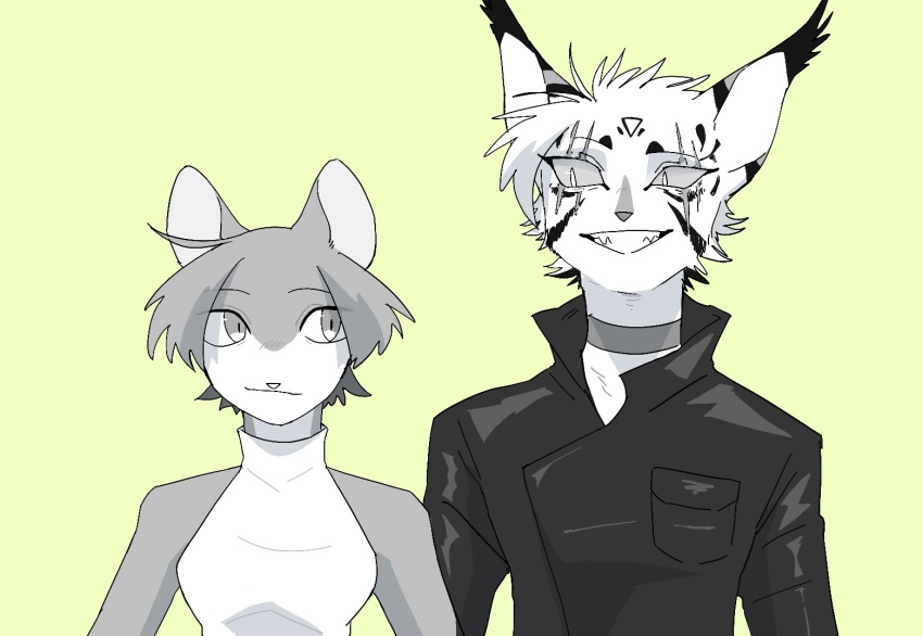 1boy, 1girl, androgynous, animal_ears, blind, bob_cut, breasts, cat_boy, cat_ears, cat_girl, choker, commentary_request, cowlick, ear_tufts, furry, furry_female, furry_male, grin, jacket, leather, leather_jacket, longtail, medium_breasts, mousefur, multiple_monochrome, neko_gokoro, personification, scar, scar_across_eye, scar_on_face, sharp_teeth, short_hair, simple_background, smile, teeth, the_new_prophecy, upper_body, warrior_cats, yellow_background