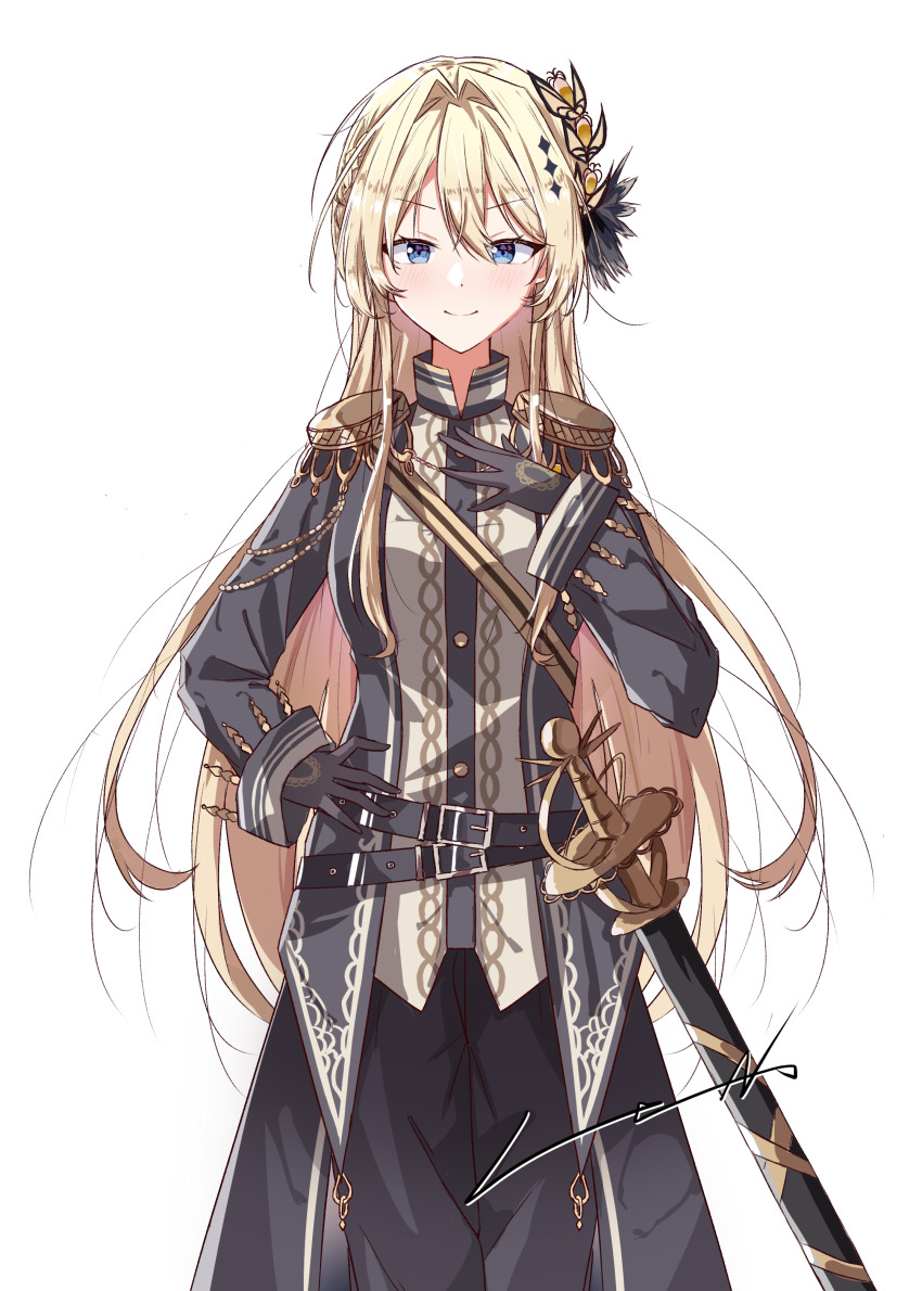 1girl, absurdres, belt, black_belt, black_gloves, black_jacket, black_pants, blonde_hair, blue_eyes, blush, breasts, chinese_commentary, closed_mouth, commentary_request, cosplay, cowboy_shot, epaulettes, gloves, hair_between_eyes, hair_ornament, hand_on_own_chest, hand_on_own_hip, hand_up, hasumi_leia, hasumi_leia_(cosplay), highres, jacket, large_breasts, leo-zero, long_hair, long_sleeves, looking_at_viewer, mahou_shoujo_no_majo_saiban, ouzuka_mai, pants, rapier, sash, sheath, sheathed, shoulder_sash, signature, simple_background, smile, solo, standing, sword, watashi_ga_koibito_ni_nareru_wake_naijan_murimuri!, weapon, white_background