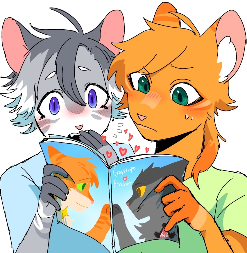 2girls, androgynous, animal_ears, blue_eyes, blush, cat_ears, cat_girl, commentary_request