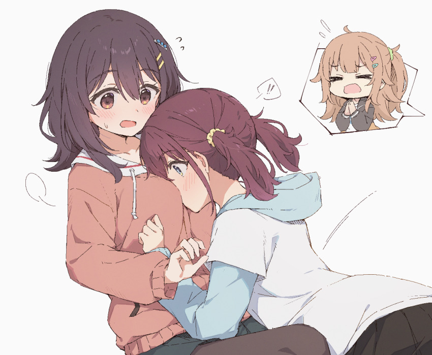 !, >_<, 3girls, between_breasts, black_hair, black_pantyhose, black_skirt, blue_eyes