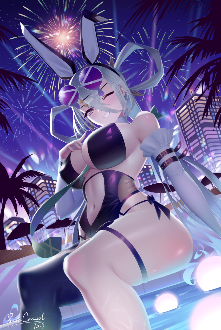 1girl, absurdres, animal_ears, bare_shoulders, black_one-piece_swimsuit, blackcaaaat, blush, breasts, cityscape, cleavage, detached_collar, detached_sleeves, eyewear_on_head, fake_animal_ears, fate/grand_order, fate_(series), fireworks, grey_hair, grin, hair_between_eyes, hair_ornament, hair_rings, hairclip, highleg, highleg_one-piece_swimsuit, highres, huyan_zhuo_(fate), huyan_zhuo_(swimsuit_berserker)_(fate), large_breasts, long_hair, looking_at_viewer, low_twintails, navel, necktie, night, one-piece_swimsuit, one_eye_closed, palm_tree, plunging_neckline, pool, poolside, purple_eyes, sitting, sky, smile, solo, sunglasses, swimsuit, thigh_strap, thighs, tree, twintails, very_long_hair, water