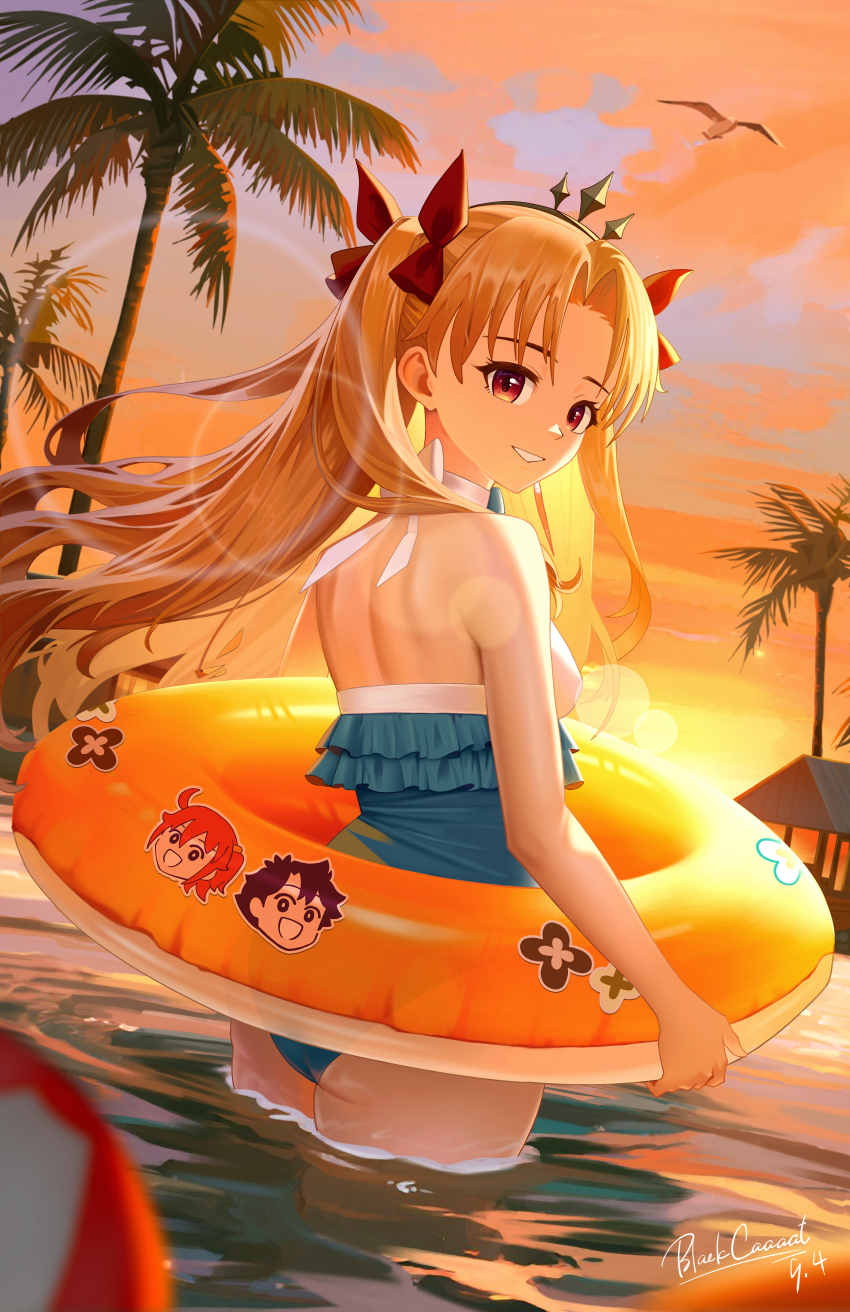 1girl, absurdres, ass, back, bare_shoulders, bird, blackcaaaat, blonde_hair