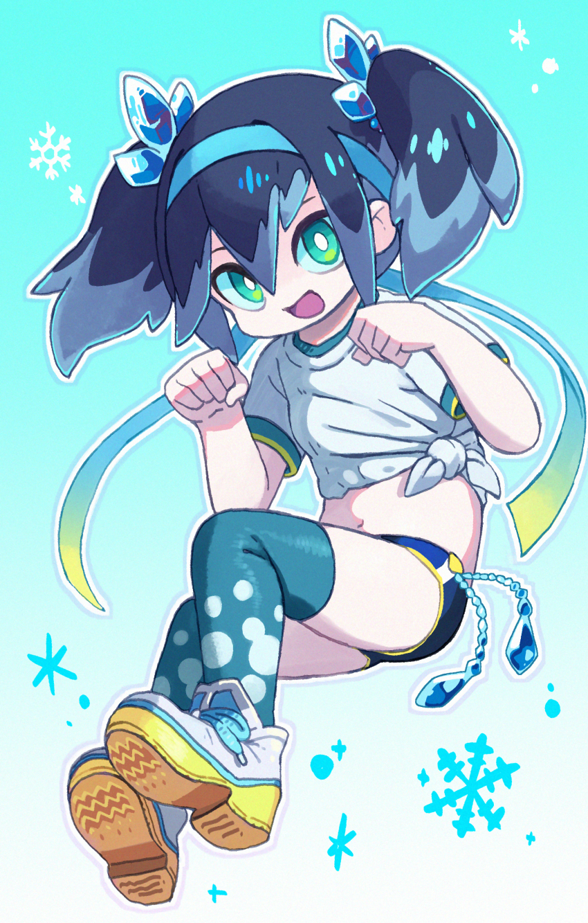 1girl, absurdres, blue_hair, fubukihime, fubukihime_(sports_day), full_body, green_eyes, gym_uniform, hachimaki, headband, highres, looking_at_viewer, navel, nishimura_(prism_engine), shirt, shoes, smile, sneakers, snowflakes, solo, tied_shirt, twintails, undoukai_fubukihime, youkai_watch, youkai_watch:_punipuni